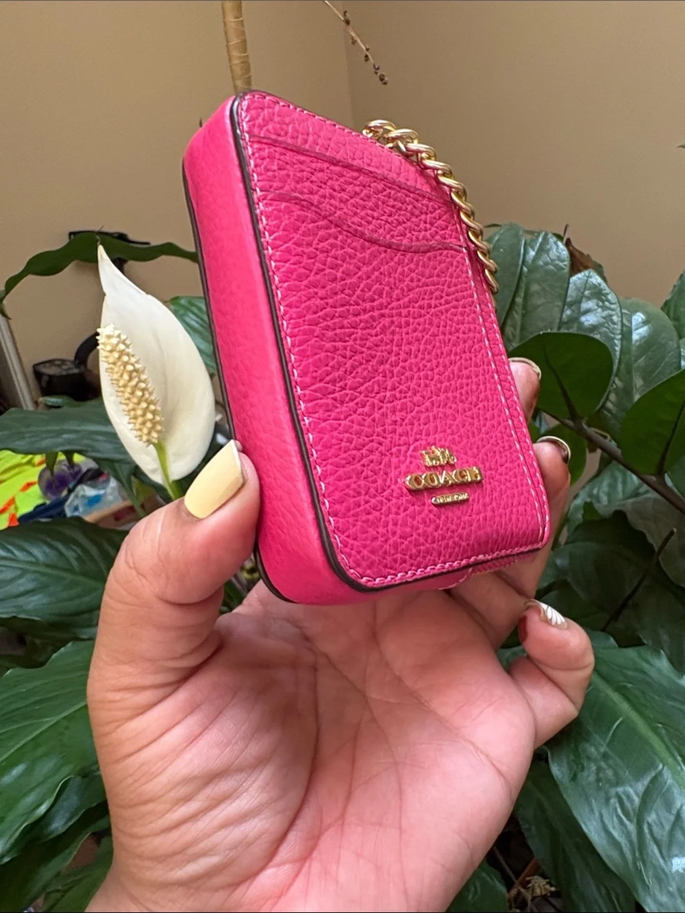 Coach Hot Pink Pebbled Leather Chain Card Case